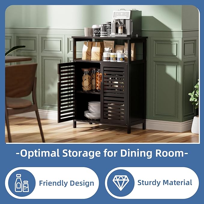 HITNET Black Bathroom Storage Cabinet, Freestanding Bamboo Floor Cabinet 4 Tier Tall Kitchen Cupboard with Door and Shelves