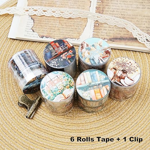 Reading Time PET Tape Set, 6 Rolls Mixed Pre-Cut and Continuous Tape with Clip, Waterproof Scrapbook Supplies for Journaling, DIY Crafts, and Planners