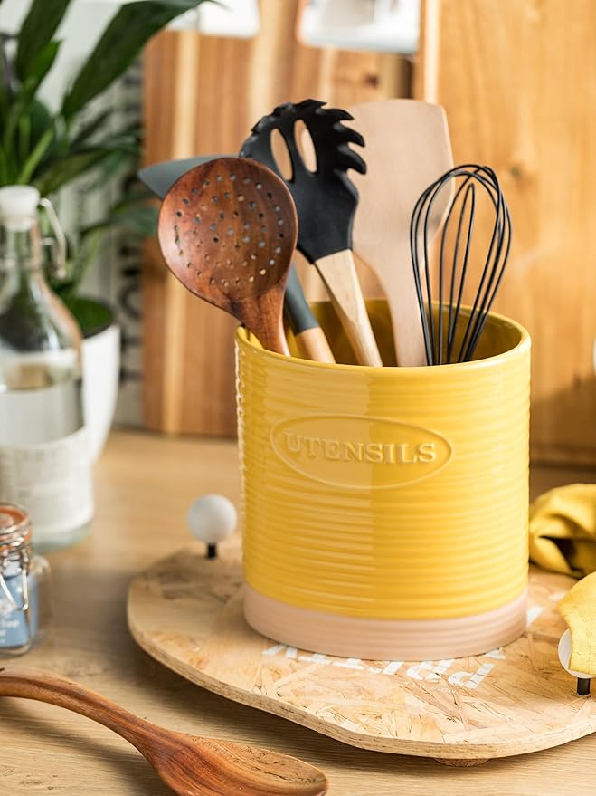 YHOSSEUN Kitchen Utensil Holder for Countertop, Ceramic Utensil Holder for Kitchen Counter, Cooking Utensil Crock for Spatula, Oval Shape, Yellow