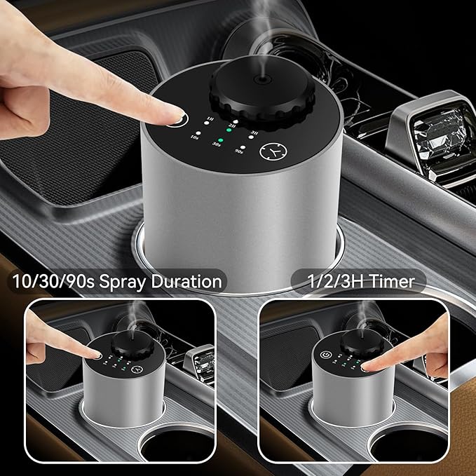 Waterless Essential Oil Diffuser Battery Operated Cordless Aromatherapy Diffuser with Timing & 3 Mist Levels car Diffuser，Black Aluminum Alloy (Silver)