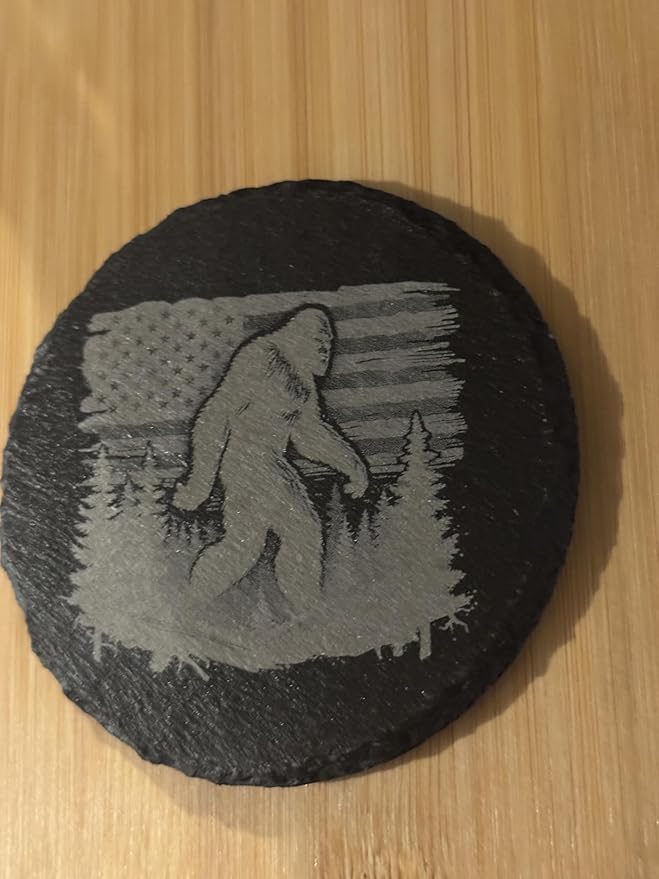 Slate Coasters with Bigfoot American Flag Wilderness Design, Round Stone Coaster Set, 4 Pack