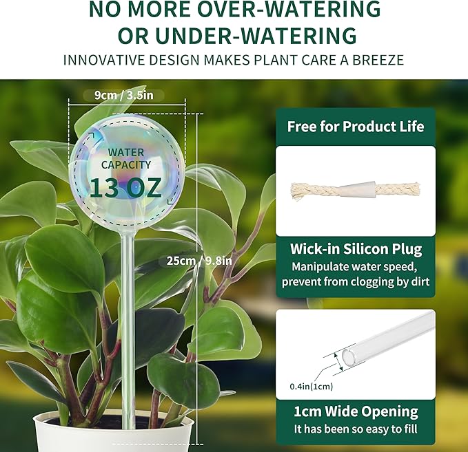13 oz Up to 2 Weeks Extra Large Plant Self Watering Globes, Light Iridescent Glass Water Bulb Indoor, Plant Waterer Self-Watering Stakes, Perfect Gardening Gifts, 4 Pack