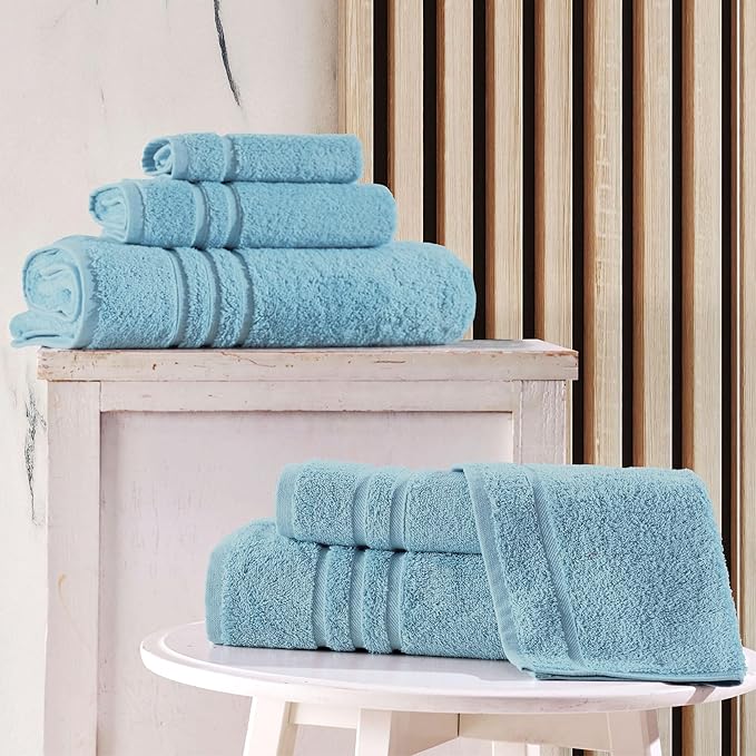 Hawmam Linen Light Blue 6 Piece Bath Towels Set for Bathroom Original Turkish Cotton Soft, Absorbent and Premium 2 Bath Towels, 2 Hand Towels, 2 Washcloths