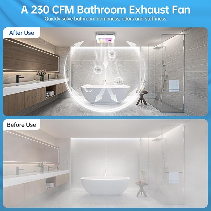Bathroom Exhaust Fan with Bluetooth Speaker, 230 CFM 1.0 Sone Bathroom Exhaust Fan with Light, 3 Dynamic Light, 7 LED Color, 3 Color Temperatures, Nightlight,Remote, Easy Install