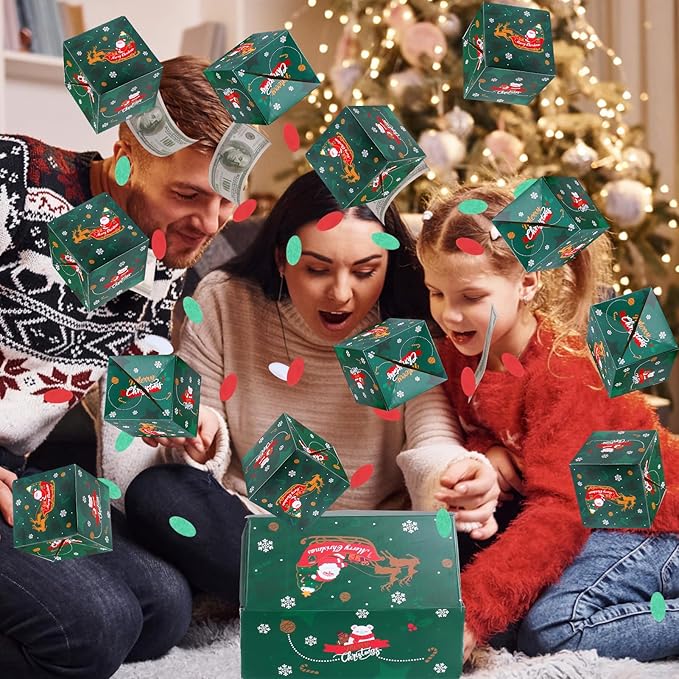 BABORUI Christmas Surprise Gift Box Explosion for Money, Christmas Explosion Gift Box with Confetti, Surprise Pop Up Money Box for Merry (Green)