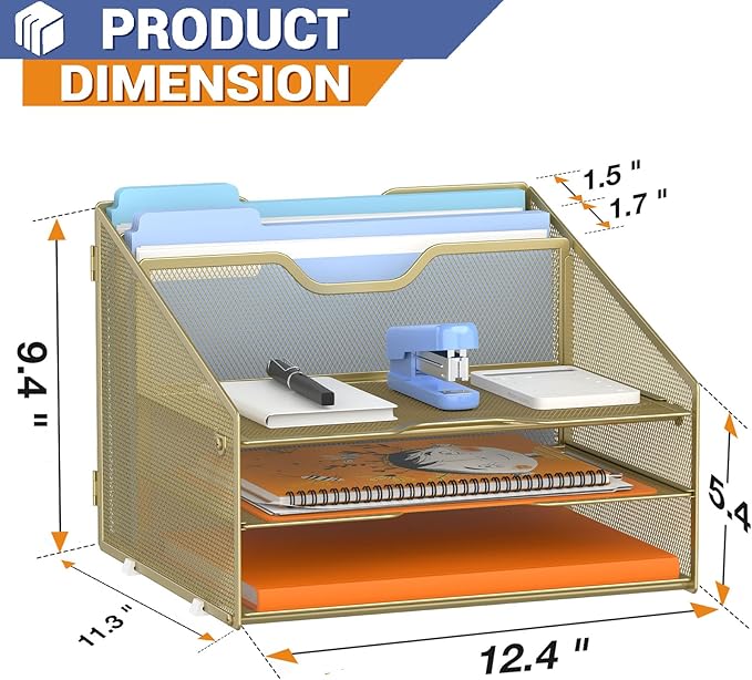 Letter Tray Organizer, Mesh Desk File Organizer with 3 Paper Trays and 2 Vertical Upright Section (Gold)
