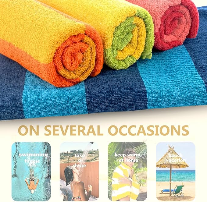 CASA COPENHAGEN Malibu Beach Towels Designed in Denmark Rough and Tough, Quick Dry, for Pool, Bath & Shower 30x60 inches 4 Pieces Cotton Beach Bath Towels Set - Orange, Blue, Pink, Green
