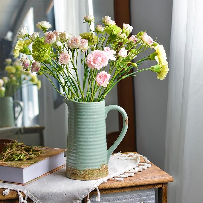 Quoowiit Ceramic Rustic Vase with Handle, Green Distressed Decorative Farmhouse Pitcher Vase for Home Decor Living Room Bedroom Kitchen Office Shelf Decor Centerpiece Table Decoration