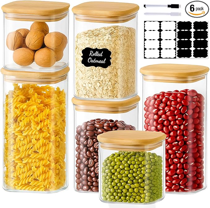 6 Pack Square Glass Storage Containers with Bamboo Lids (24oz/37oz/51oz) – Clear Food Airtight Canisters Sets for The Kitchen, Glass Jars for Coffee Beans, Coffee, Flour, Snacks, Spices