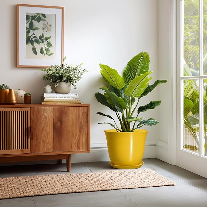 12 Inch Plant Pot - Ceramic Plant Pots with Drainage Hole and Saucer, Large Round Planter for Indoor Outdoor, Modern Flower Pot, Decorative Planters, Home Garden Decor, Garden Gifts, Yellow