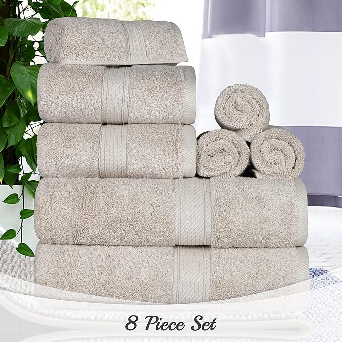 BLUENILEMILLS Madison Egyptian Cotton Towels, Towel Set for Bathroom, Shower, Hotel, Plush, 900 GSM, Highly Absorbent and Ultra-Soft Towels, Bath Essentials, 8 Piece Assorted Towel Set, Stone