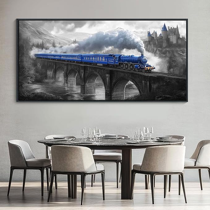 JEAWA Large Framed Canvas Painting - Blue White Gray Landscape Wall Art, Picture with Castle Bridge Train, Modern Art Prints for Living Room Bedroom Home Decoration, 29x58 IN
