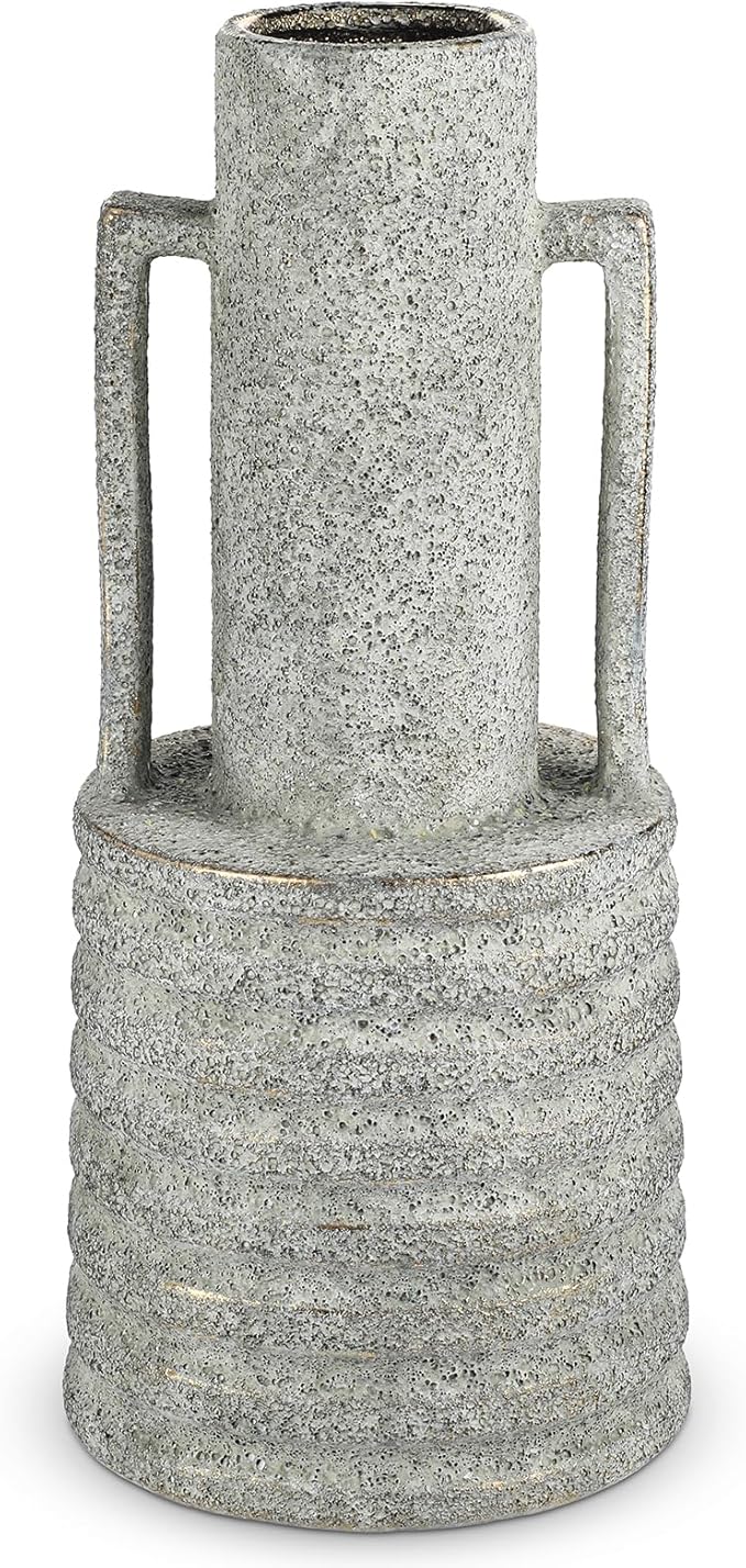Hollyone Large Vintage Ceramic Vase with 2 Handles, 15.6" Tall Gold-Toned Antique Rustic Decorative Floral Grey Vases for Flowers Home Table Centerpiece Shelf Living Room Entryway Farmhouse Decor