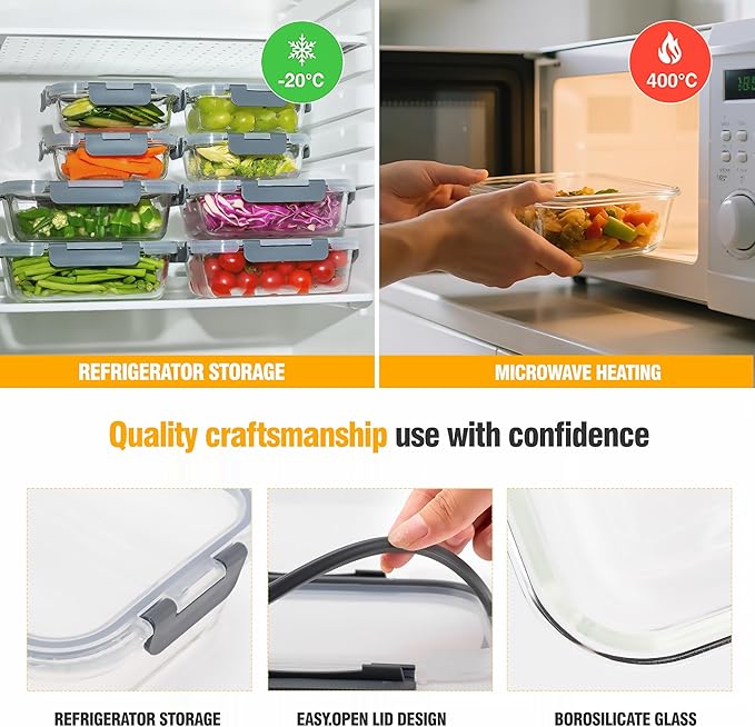 5 PACK 36 oz Glass Meal Prep Containers, Glass Food Containers with Snap-Lock Lids, Airtight Lunch Containers, Microwave, Oven, Refrigerator and Dishwasher Safe，Gray