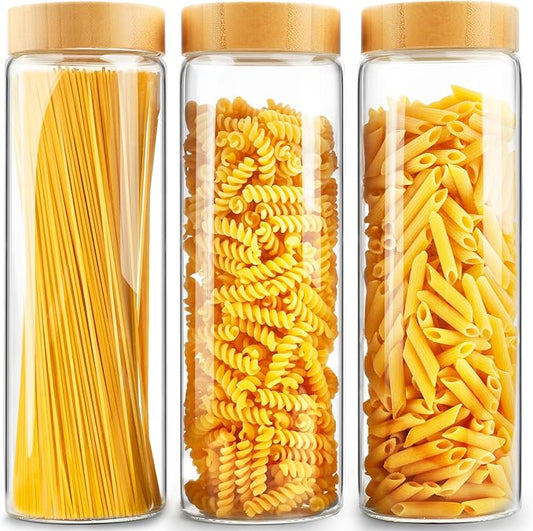 Glass Canisters With Airtight Bamboo Lids - 3 Pack 80oz Cereal Containers, Cookie Jars, Pasta Storage - Screw On Kitchen Jars