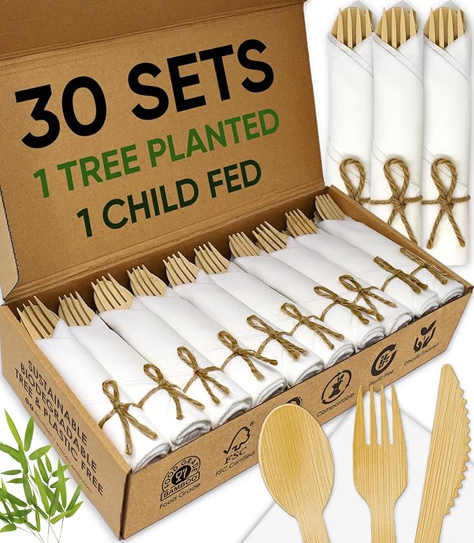 Premium Pre-Rolled Napkin and Bamboo Cutlery Set (30 Pack, 120 PCS) 100% Biodegradable, Eco-Friendly, Disposable Wrapped Cutlery - Includes Pre-Wrapped Bamboo Forks, Knives, Spoons, & Napkins