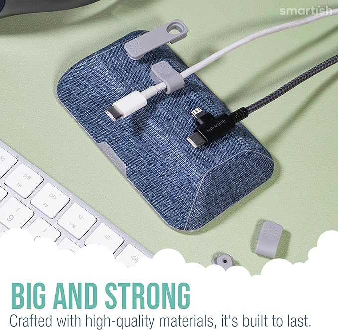 Smartish® Magnetic Cord Holder - Bigger Cable Wrangler Stocking Stuffer Organizer with Magnet Clips for Charger Management on Desktop, Nightstand - Holds 6+ Cables - Blue Jeanie