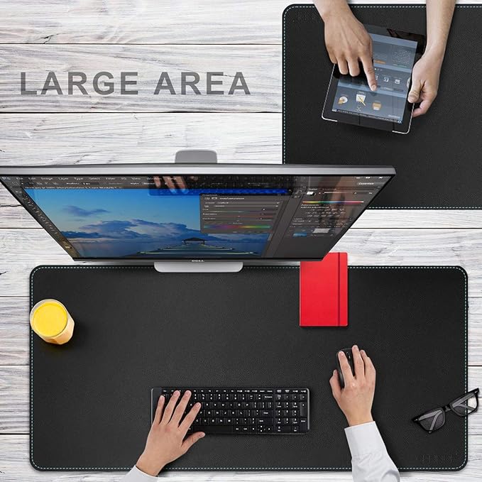 CENNBIE Leather Desk mat Protecter 47.2X19.6in Super Large, PU Leather Desk Mat Blotters Organizer with Comfortable Writing Surface(Black)