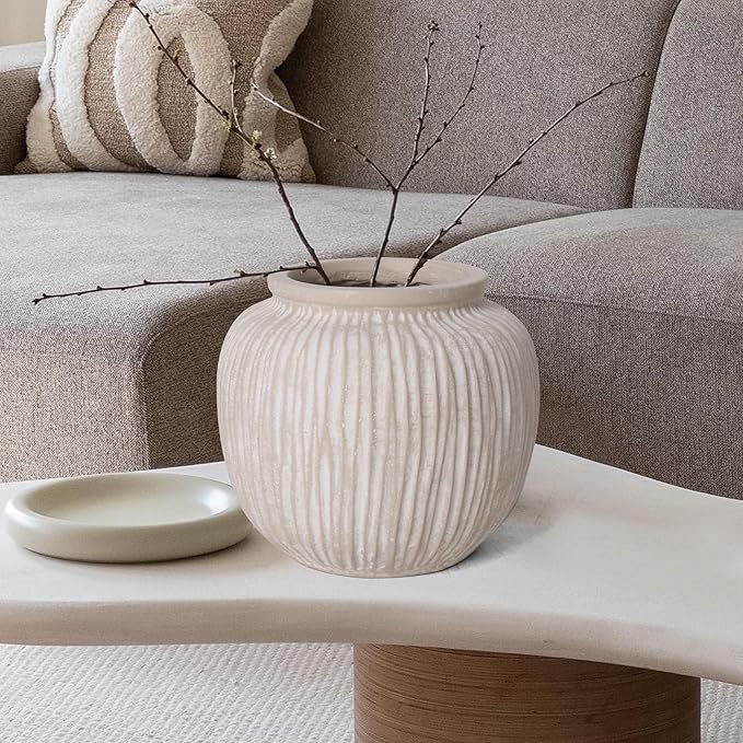 Oakrain Large Rustic Minimalist Vase, 9" Distressed Round Floor Vase for Home Decor, Farmhouse Centerpieces Planters for Living Room Indoor Outdoor Use, Vintage White