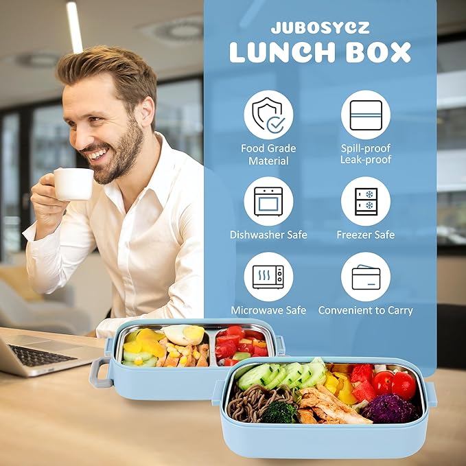 Bento Lunch Box for Kids Women Men, 47oz 2-Compartment Salad Metal Food Prep Pack Container for Lunch, Stainless Steel 3 Layers Stackable Lunch Containers with Lids for Adults and Teens Light Blue