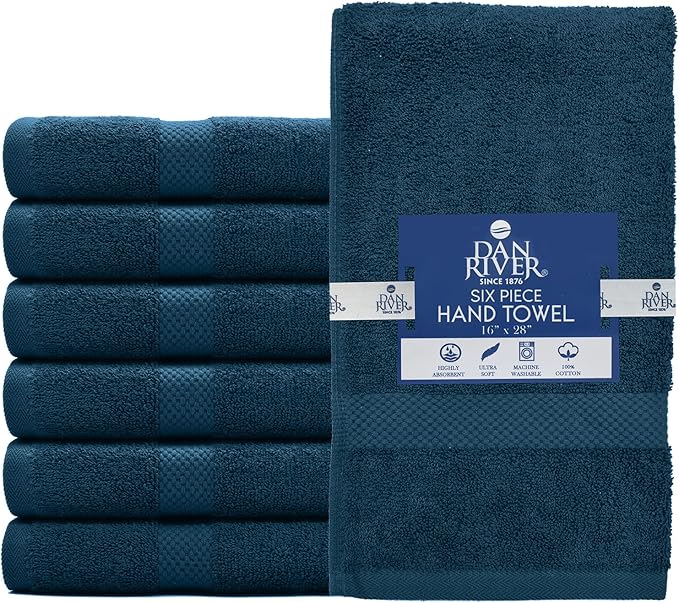 DAN RIVER 6-Pack Premium Hand Towels (16x28 Inches) - 100% Cotton, Ultra Soft, Lightweight, Highly Absorbent Towels for Bathroom, Spa, Gym, Salon, Hotel, and Travel - 550 GSM,Opal Blue