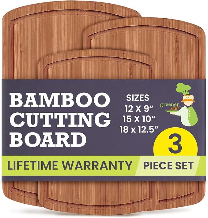 Organic Bamboo Cutting Board Set with Lifetime Replacements - 3pc Non Toxic Wood Chopping Board for Charcuterie, Meat, Vegetables and Fruits - Ideal Kitchen Gifts for Home Chefs