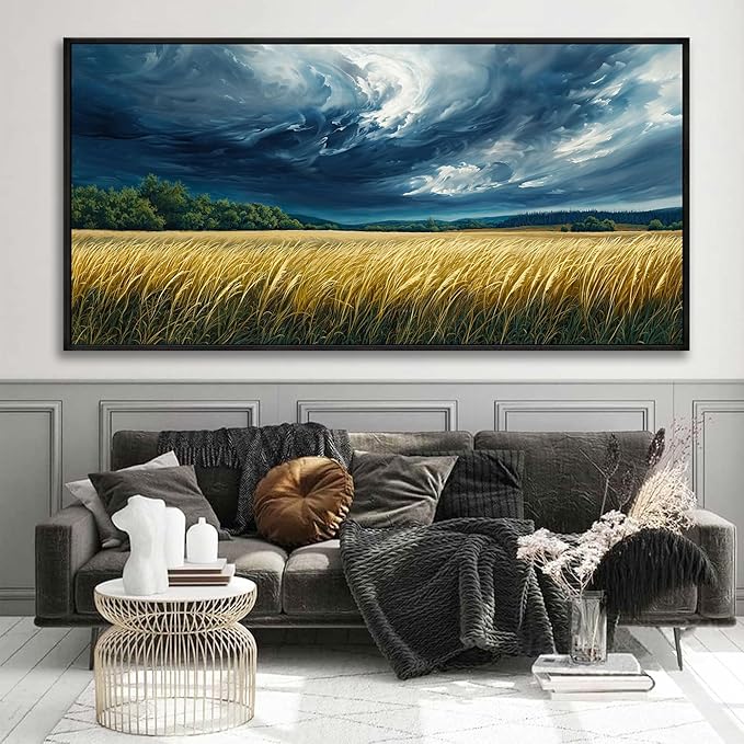 yiijeah Blue Abstract Canvas Wall Art - Rustic Wall Decor Living Room Bedroom Office Extra Large Paintings Picture Framed Artwork for Walls Forest Landscape Sky Black Cloud Home Decoration