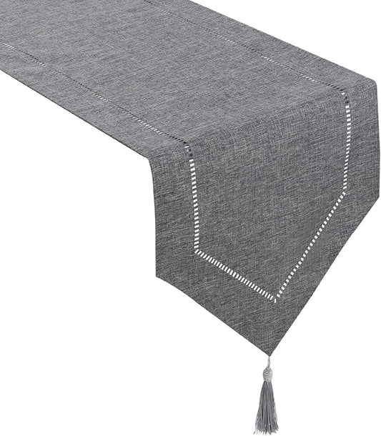 Tosewever Decorative Linen Table Runner with Tassels Tabletop Collection 14 x 72 Inches Table Runners for Everyday Dining Wedding Party Holiday Home Decor (14" x 72", Grey)