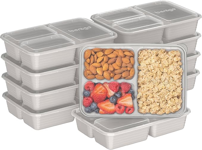 Bentgo Prep - 20-Piece 3-Compartment Reusable Meal Prep Containers with Lids, PFAS & BPA Free Materials, Durable, Microwave, Freezer, & Dishwasher Safe To Go Food Storage (Stone Gray)