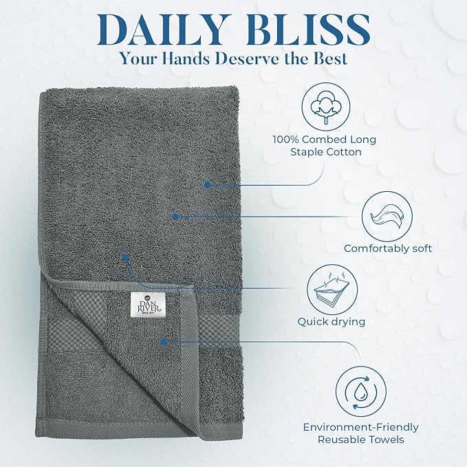 DAN RIVER 6-Pack Premium Hand Towels (16x28 Inches) - 100% Cotton, Ultra Soft, Lightweight, Highly Absorbent Towels for Bathroom, Spa, Gym, Salon, Hotel, and Travel - 550 GSM – Gray