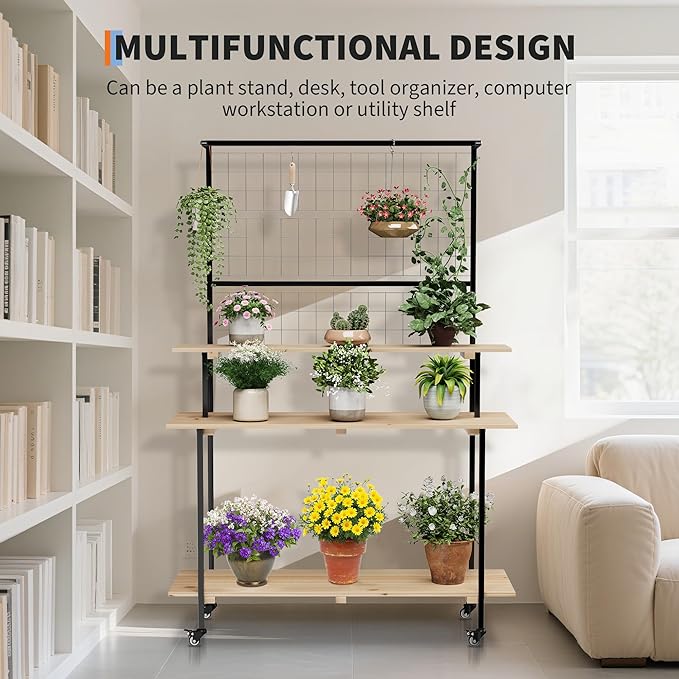 3 Tier Rolling Plant Stand with Lockable Wheels, Adjustable Height Wooden Flower Shelf Indoor Outdoor, 200LB Capacity, Multi Purpose Tall Plant Stand for Home Garden