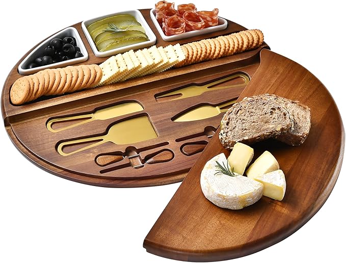 Shanik Large Acacia Wood Cheese Board – Premium Charcuterie Set with Knife Holder, Cutting Surface & Serving Tray for Parties, Weddings, Gifts