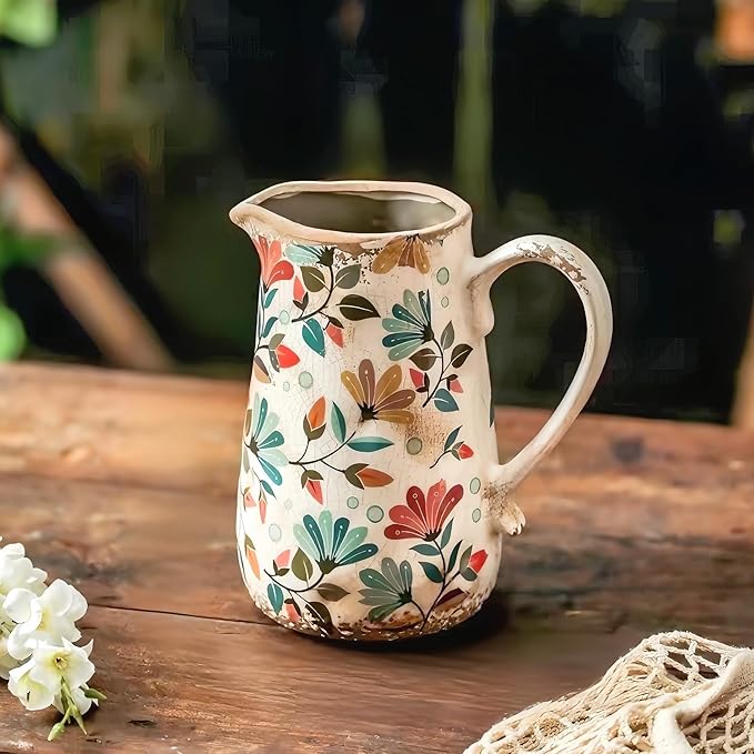 Vintage Colorful Flower Ceramic Vase with Handle, Retro Ice Glazed Crack Farmhouse Pitcher Vase for Home Decor, Living Room, Shelf, Office, Rustic Table Centerpiece 7 Inch