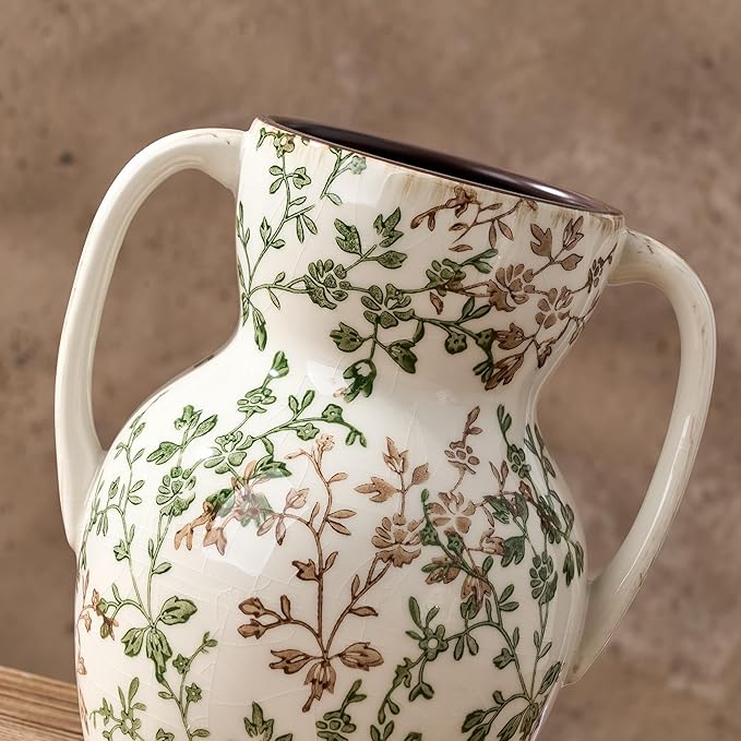 Green and Beige Farmhouse Vintage Vase with 2 Handles, Chinoiserie Floral Vase, Rustic Ceramic Vases for Home Decor, Wedding, Living Room, Table, Shelf Decor - 8.3 Inch Tall