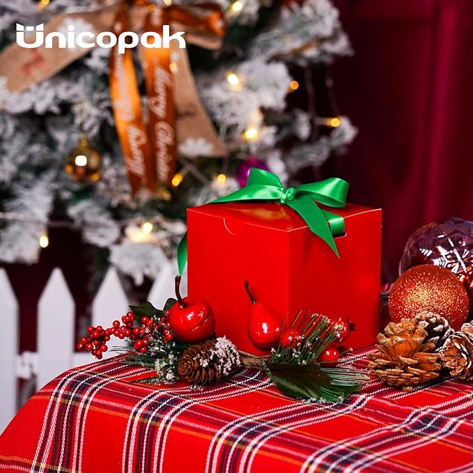 UnicoPak 50 Pack 4x4x4 Christmas Red Gift Boxes - Holiday Boxes With Lids for Presents, Ornaments, Candles, Mugs, Crafting - for Christmas Birthday, Party