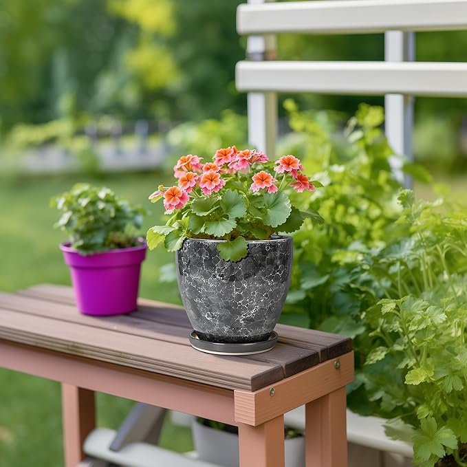 Ceramic Pots for Plants - 6 Inch Ceramic Planter with Drainage Hole and Saucer, Modern Planters for Indoor Outdoor Plants, Round Planter, Home Garden Decor, Plant Lover Gifts, Grey