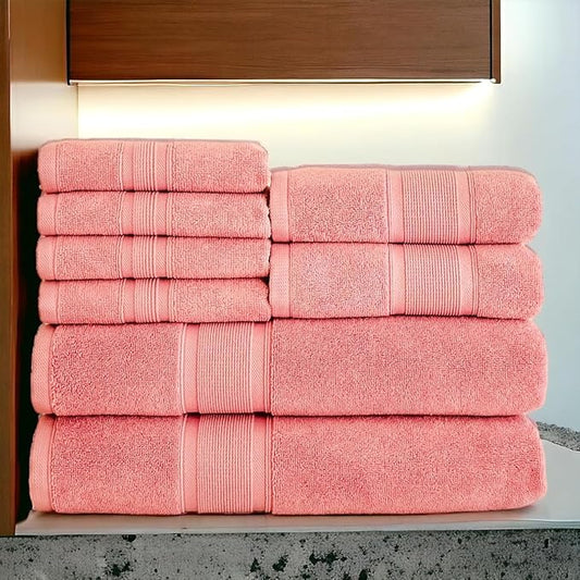 Luzia 8 Piece Bathroom Towel Set - 100% Turkish Cotton, Premium Quality - 2 Bath Towels 2 Hand Towels and 4 Washcloths (Coral)