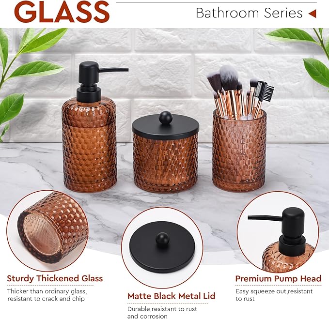 Bathroom Accessories Set,4 Pcs Amber Glass Bathroom Accessories Sets-Lotion Soap Dispenser,Toothbrush Holder,Qtip Holder Dispenser & Resin Vanity Tray,Countertop Vanity Organizer,Amber