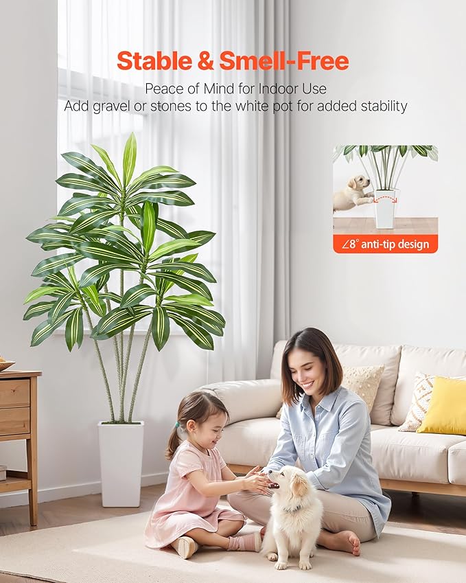 VEVOR Artificial Dracaena Tree 6 ft, Fake Palm Tropical Plants with White Tall Planter, Faux Floor Silk Plant in Pot, Large Trees for Home Office Living Room Decor House Warming, Indoor Outdoor