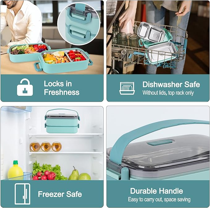 Bento Lunch Box for Kids Women Men, 47oz 2-Compartment Snack Salad Metal Food Prep Pack Container for Lunch, Stainless Steel 2 Layers Stackable Lunch Containers with Lids for Adults and Teens Green