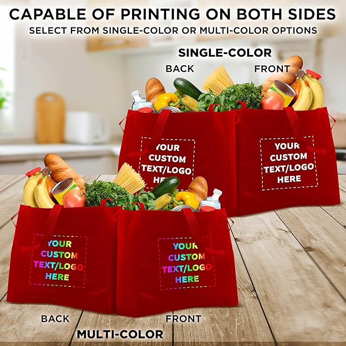 DISCOUNT PROMOS Custom Jumbo Sized Tote Bags Set of 10, Personalized Bulk Pack - Reusable Grocery Bags, Shopping Bags, Promotional Item Totes for Women - Red