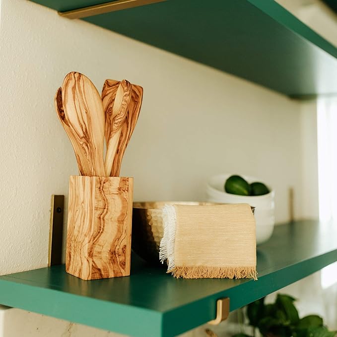 TRAMANTO Olive Wood Utensil Holder - Compact 3 x 3 Inch Square Wooden Crock for Kitchen Tools and Cooking (6 Inch Tall)