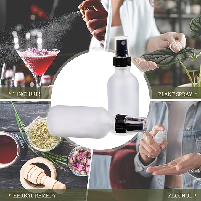 Green Glass Small Spray Bottles 2 oz 24 Packs,Fine Mist Sprayer Pretty Finish,Refillable Containers mini spray bottles for Cleaning Solutions and Skin Care (Clear Frosted 24Pack)