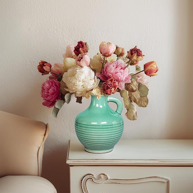 Sunddo Green Ceramic Vase 6 Inch - Small Decorative Vases with 1 Handle, Textured Modern Vase for Home Decor, Bathroom, Bedroom, Living Room, Centerpiece, Table Decor