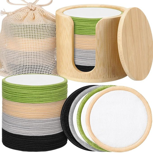 Foaincore 40 Pcs Reusable Makeup Remover Pads with Mesh Laundry Bag Washable Bamboo Cotton Rounds Soft Reusable Face Pad for Toner Skin Types with Bamboo Holder(Integrated Color)