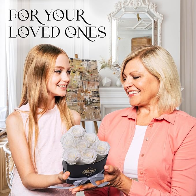 GLAMOUR BOUTIQUE 7 Flower Forever Heart Shape Box - Preserved Roses Gift for Her, Preserved Flowers, White