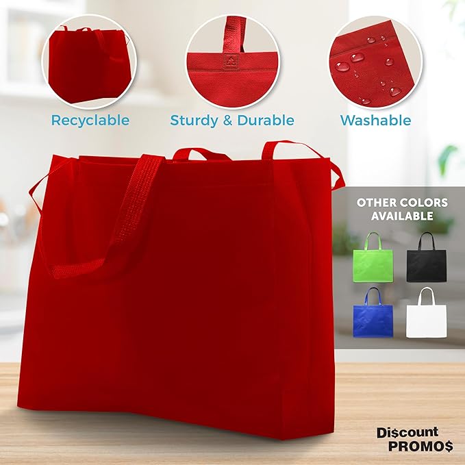 DISCOUNT PROMOS Jumbo Sized Tote Bags Set of 10, Bulk Pack - Reusable Grocery Bags, Shopping Bags, Promotional Item Totes for Women - Red