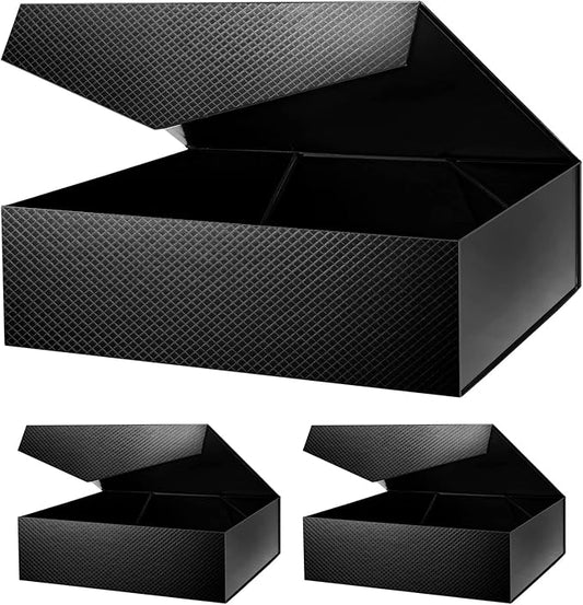 3 Extra Large Gift Boxes with Lids 16.3x14.2x5 Inches, Black Groomsmen Proposal Boxes with Magnetic Closure for All Occasion (Lattice Texture)