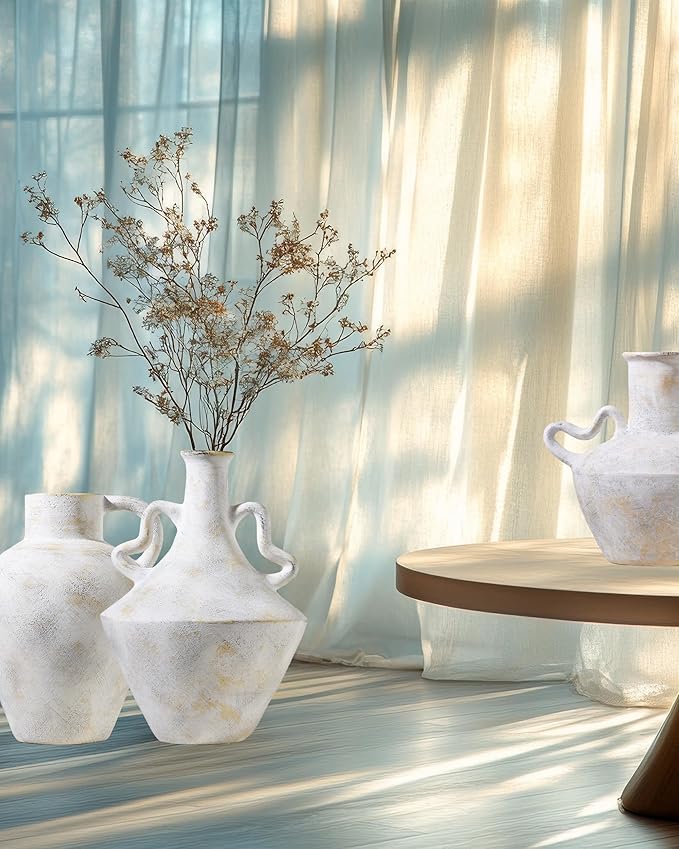 UPWOIGH Ceramic Flower Vase, 14 inch Tall Off-White Farmhouse Rustic Vase, Handcrafted Weathered Handles Pottery Vases, Large Flower Terracotta Vases for Home Decor, Living Room, Table, Shelf