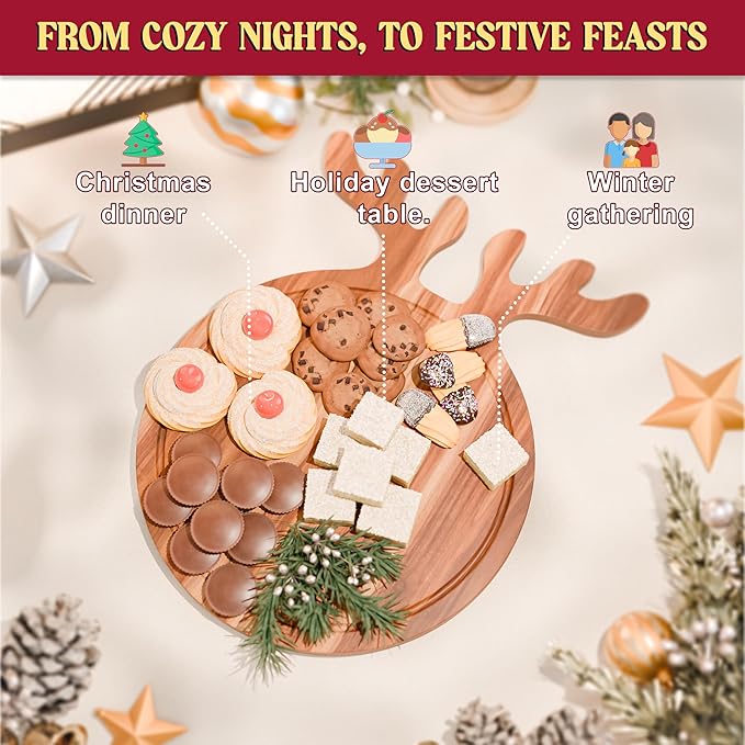 New – Reindeer Charcuterie Board – Acacia Wood Christmas Cutting Board (17x13in) Holiday Serving Tray, Winter Cheese Board, Wooden Christmas Platter & Kitchen Decor Gift for Festive Entertaining